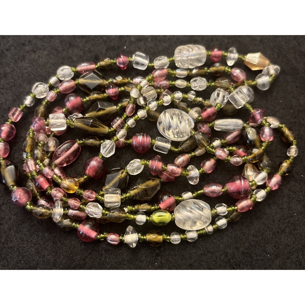 Vintage Extra Long Single Strand Green Pink and Clear Bead Infinity Necklace